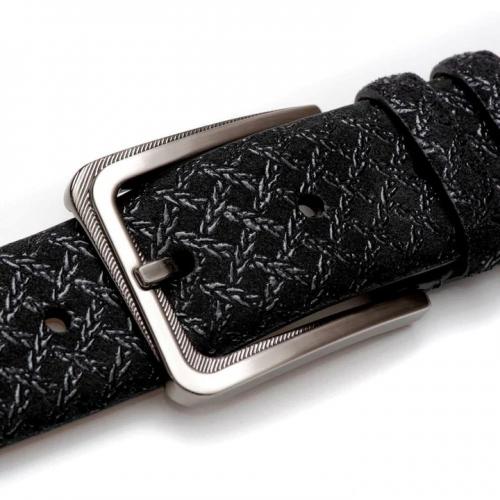 Mezlan Black Genuine Laser-Printed Suede And Calf Trim Leather Belt  AO10359.