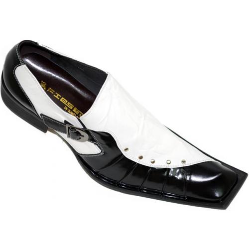 Fiesso Black/White Diagonal Toe Pleated Leather Shoes with Metal Studs and Buckle on the side - FI6390
