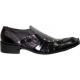 Fiesso Black Diagonal Toe Alligator Print Pleated Leather Shoes with Metal Studs and Buckle on the side - FI6390