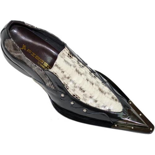 Fiesso Black/Cream Genuine Cobra Snake Skin Pointed Toe Shoes With Metal Tip And Studs On Sides - FI6387