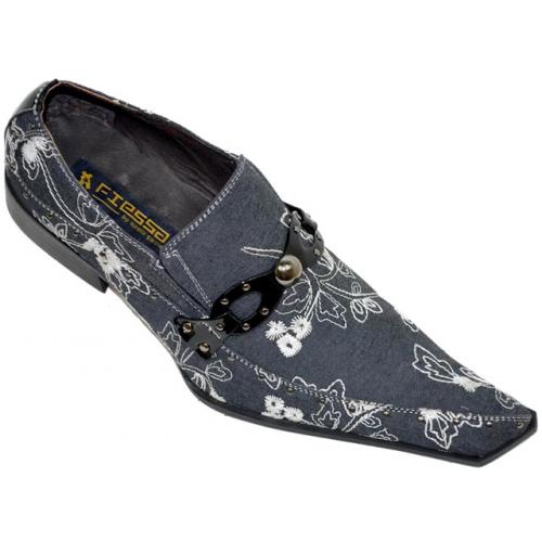 Fiesso Dark Grey With White Embroidered Paisley Design Diagonal Toe Denim Leather Shoes With Metal Bracelet And Stud FI8116