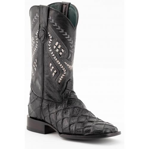 Ferrini "Bronco" Black Pirarucu Print Leather Square Toe Cowboy Boots 43393-04