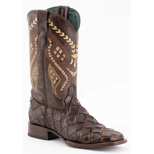 Ferrini "Bronco" Chocolate Pirarucu Print Leather Square Toe Cowboy Boots 43393-09