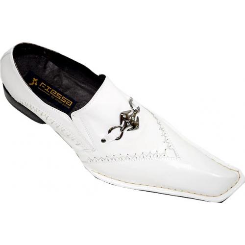 Fiesso White Diagonal Toe Leather Shoes with Stitching And Metal Bracelets with Rhine Stones - FI8100