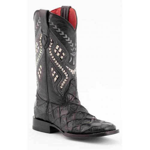 Ferrini Ladies "Bronco" Black Pirarucu Print Leather Square Toe Cowgirl Boots 93393-04