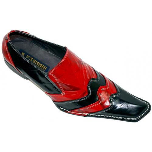 Fiesso Black/Red Diagonal Toe Layered Leather Shoes With Metal Studs FI8093