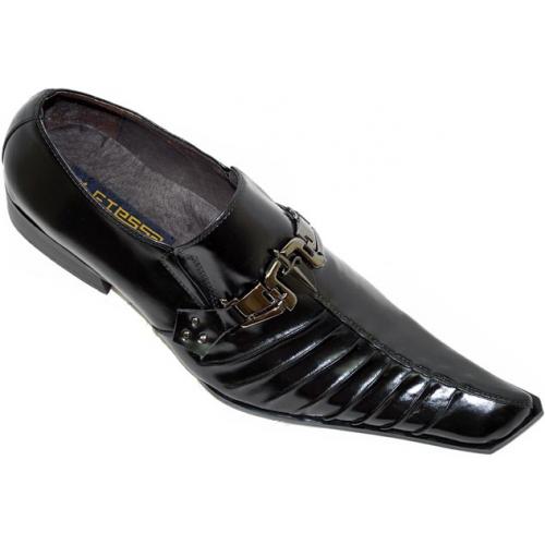 Fiesso Black Diagonal Toe One-Side Pleated Leather Shoes With Middle Seam And Metal Bracelet FI8094