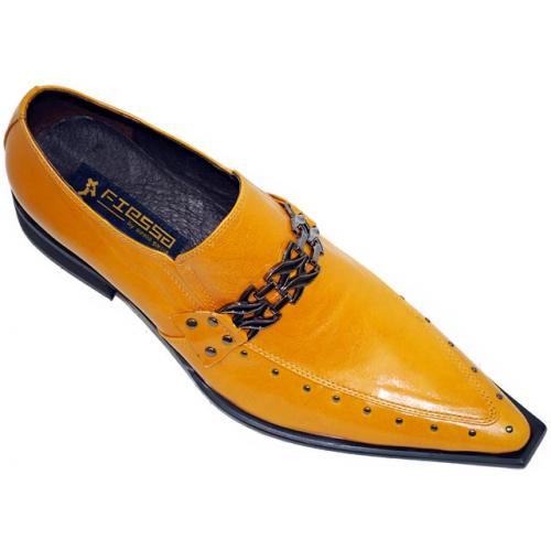 Fiesso Mustard/Gold Pointed Toe Leather Shoes With Metal Bracelet On Top And Metal Studs On Sides FI8096