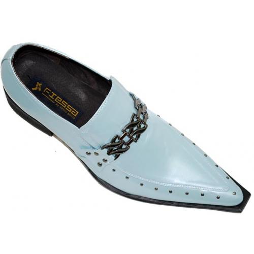 Fiesso Light Sky Blue Pointed Toe Leather Shoes With Metal Bracelet On Top And Metal Studs On Sides FI8096