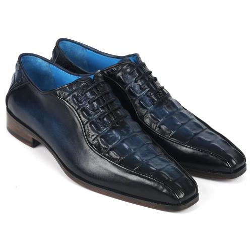 Paul Parkman Navy Genuine Croco Textured Leather Bicycle Toe Oxford Dress Shoes 94-214