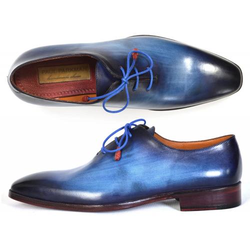 Paul Parkman Blue Hand-Painted Genuine Leather Men's Plain Toe Wholecut Oxford Dress Shoes 755-BLU