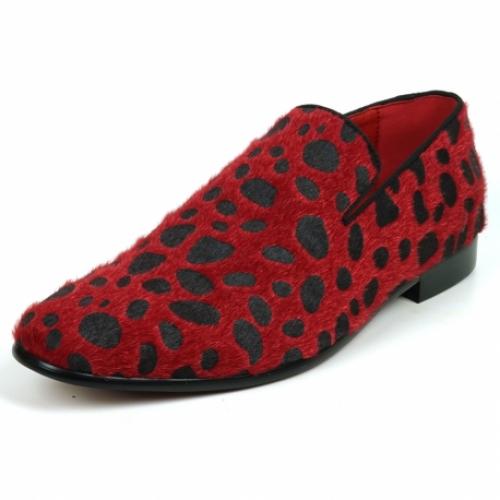 Fiesso Black / Red Leopard Print Pony Hair Slip On Loafer FI7532.