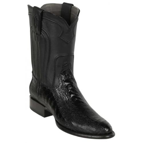 Los Altos Black Genuine Ostrich Leg Round Roper Toe Cowboy Boots 690505