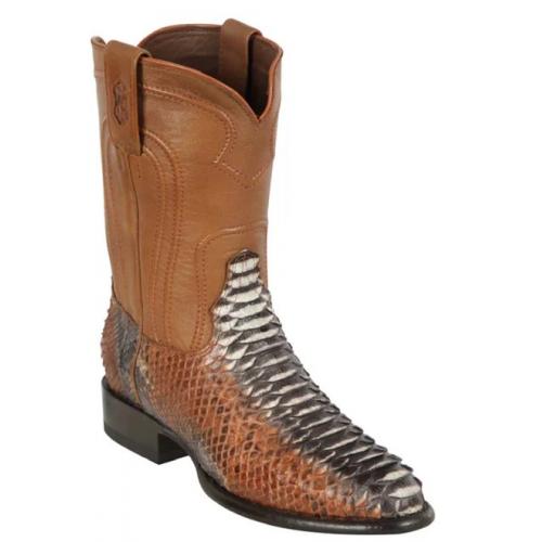 Los Bustic Cognac Brown Genuine Python Round Roper Toe Cowboy Boots 695788