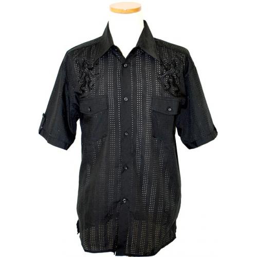 Pronti Black Perforated Cotton Shirt With Embroidered Dragon Design  S1528-1