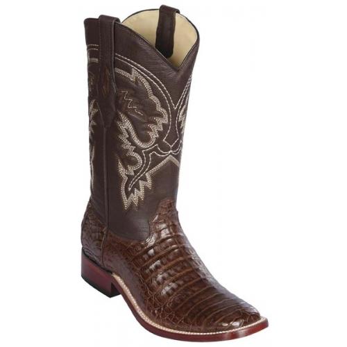 Los Altos Brown Genuine Caiman Belly Leather Wide Square Toe Cowboy Boots 8228207