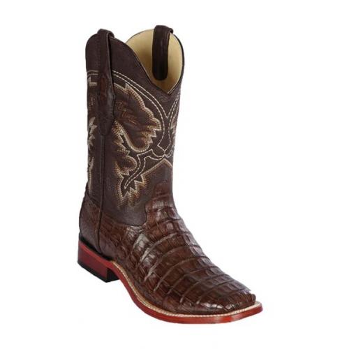 Los Altos Brown Genuine Caiman Belly Leather Wide Square Toe Cowboy Boots 822A8207