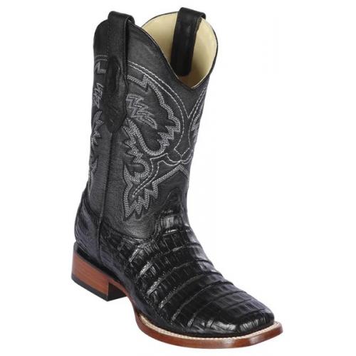 Los Altos Black Genuine Caiman Belly Leather Wide Square Toe Cowboy Boots 822A8205