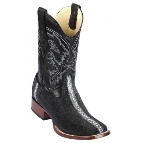 Los Altos Black Genuine Stingray Rowstone Leather Wide Square Toe Cowboy Boots 8221105