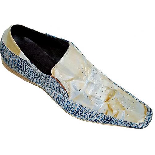 Zota Tan / Sky Blue  Alligator Print Wrinkle Leather Shoes with Perforations On Top GD866/2