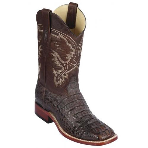 Los Altos Brown Genuine Caiman Hornback Leather Wide Square Toe Cowboy Boots 822G0207
