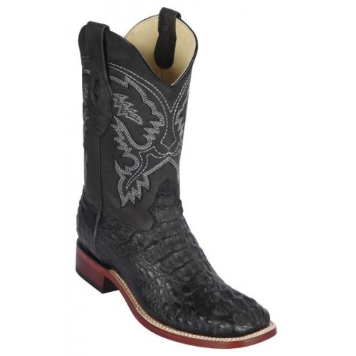 Los Altos Black Genuine Caiman Hornback Leather Wide Square Toe Cowboy Boots 822G0205