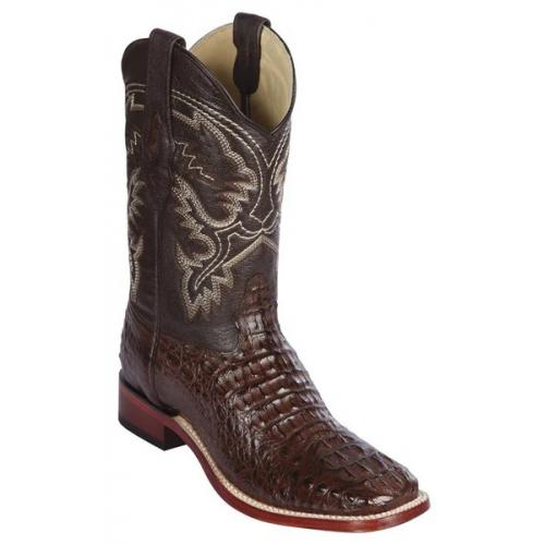 Los Altos Brown Genuine Caiman Hornback Leather Wide Square Toe Cowboy Boots 8220207