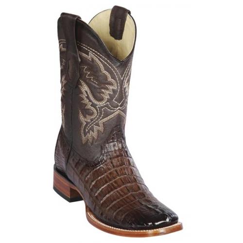 Los Altos Faded Brown Genuine Caiman Tail Wide Square Toe Cowboy Boots 8220116