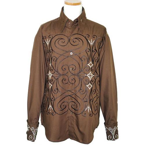 Manzini Brown And Cream Embroidered Button Down High-Collar Long Sleeves 100% Cotton Shirt MZ-78