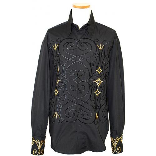 Manzini Black And Gold Embroidered Button Down High-Collar Long Sleeves 100% Cotton Shirt MZ-78