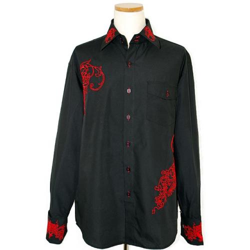 Manzini Black With Red Embroidered Emblem Long Sleeves 100% Cotton High-Collar Shirt MZ-69