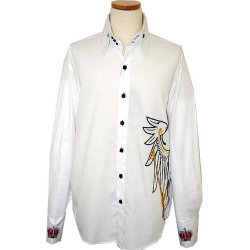 Manzini White With Black/Gold/Red Embroidered Eagle Design Long Sleeves 100% Cotton Button Down High-Collar Shirt MZ-70
