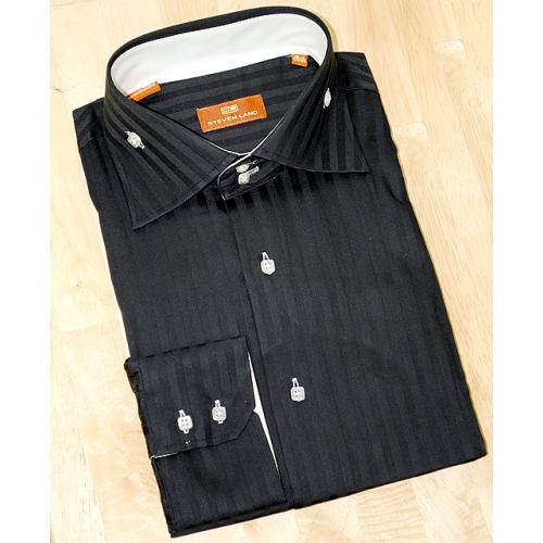 Steven Land Black Shadow Stripes Button Down High-Collar 100% Cotton Dress Shirt