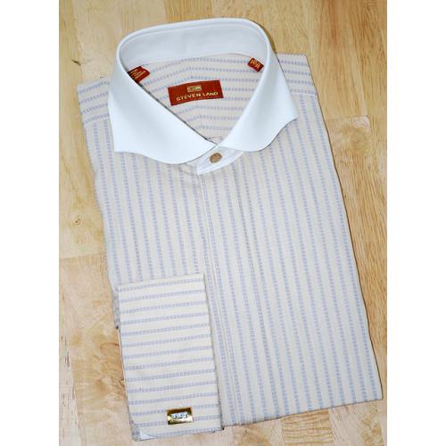 Steven Land Beige With Grey Stripes And White Wavy Spread Collar 100% Cotton Shirt