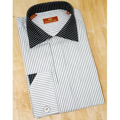 Steven Land White With Black Pinstripes Contrast Collar 100% Cotton Shirt