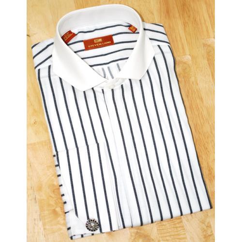 Steven Land White With Black Stripes Hexagon Spread Collar 100% Cotton Shirt