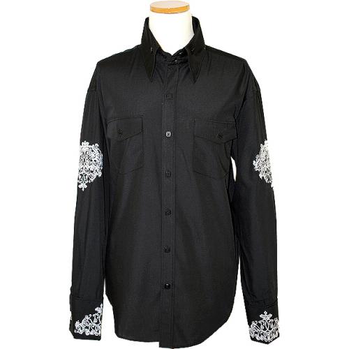 Manzini Black With White Embroidered Button Down High-Collar Long Sleeves 100% Cotton Shirt MZ-76