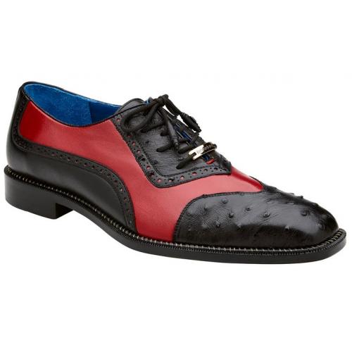 Belvedere "Sesto" Black/Red Genuine Ostrich Quill and Italian Leather Wing Tip Dress Shoes R54.