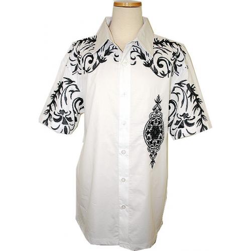 Prestige White/Black Embroidered Paisley Design With Rhine Stones 100% Cotton Shirt COT927