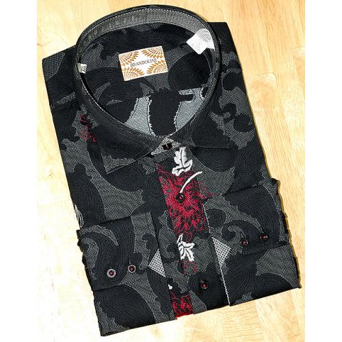 Brandolini Black With Grey/Wine Embroidered Design Long Sleeves Dress Shirt 1AA87B