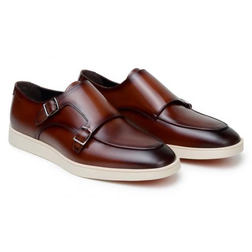 Belvedere "Marcio" Cognac Genuine Nappa Leather Hybrid Double Buckle Shoes.