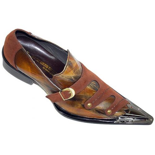 Fiesso Cognac/Rust Suede Trim/Marblized Leather Shoes With Metal Tip And Gold Buckle On Side - FI6385