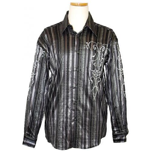 Pronti Black/Grey Embroidered Striped Rayon Blend Shirt S5737-1