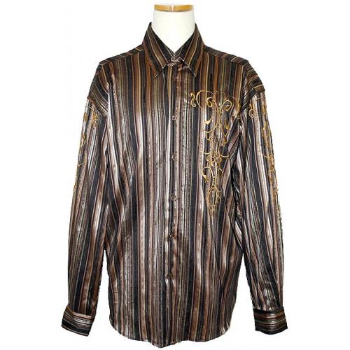Pronti Brown/Copper/Mustard Embroidery With Striped Lurex Rayon Blend Shirt S5737