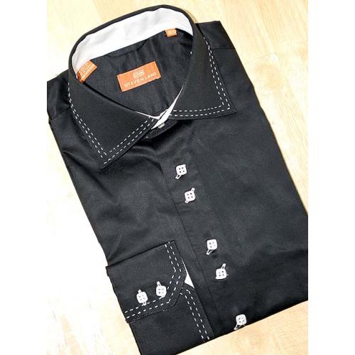 Steven Land Black With White Hand Pick Stitch And Spread Collar 100% Cotton Shirt