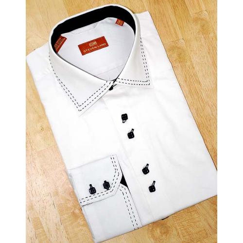 Steven Land White With Black Hand Pick Stitch And Spread Collar 100% Cotton Shirt