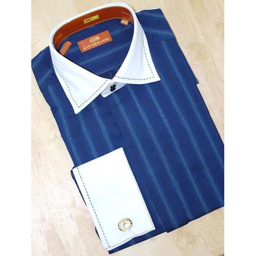 Steven Land Navy/White Stripes Design 100% Cotton Spread Collar Dress Shirt