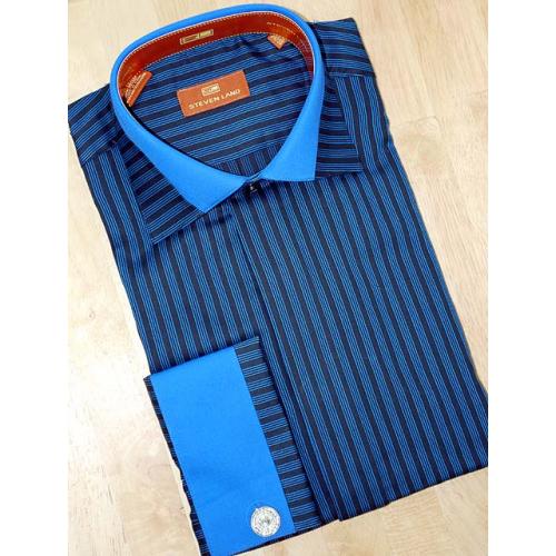 Steven Land Black/Royal Blue Stripes Design 100% Cotton Spread Collar Dress Shirt