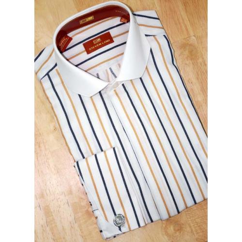 Steven Land White With Camel/Brown Stripes Hexagon Spread Collar 100% Cotton Shirt