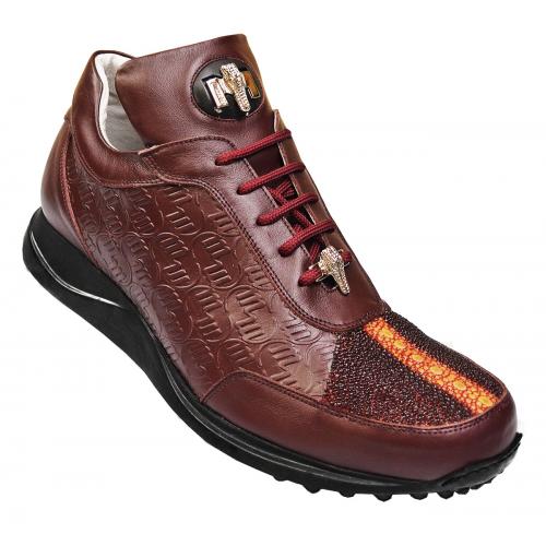 Mauri 8741 "Highway" Burgundy Genuine Stingray And Mauri Embossed Nappa Leather Casual Sneakers With Silver Alligator Head